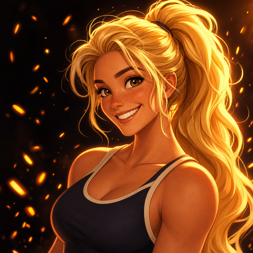 Sunny Sparks. FUN/cartoony heroic illustration. Blonde athletic ponytail, tank, freckles, sparks.